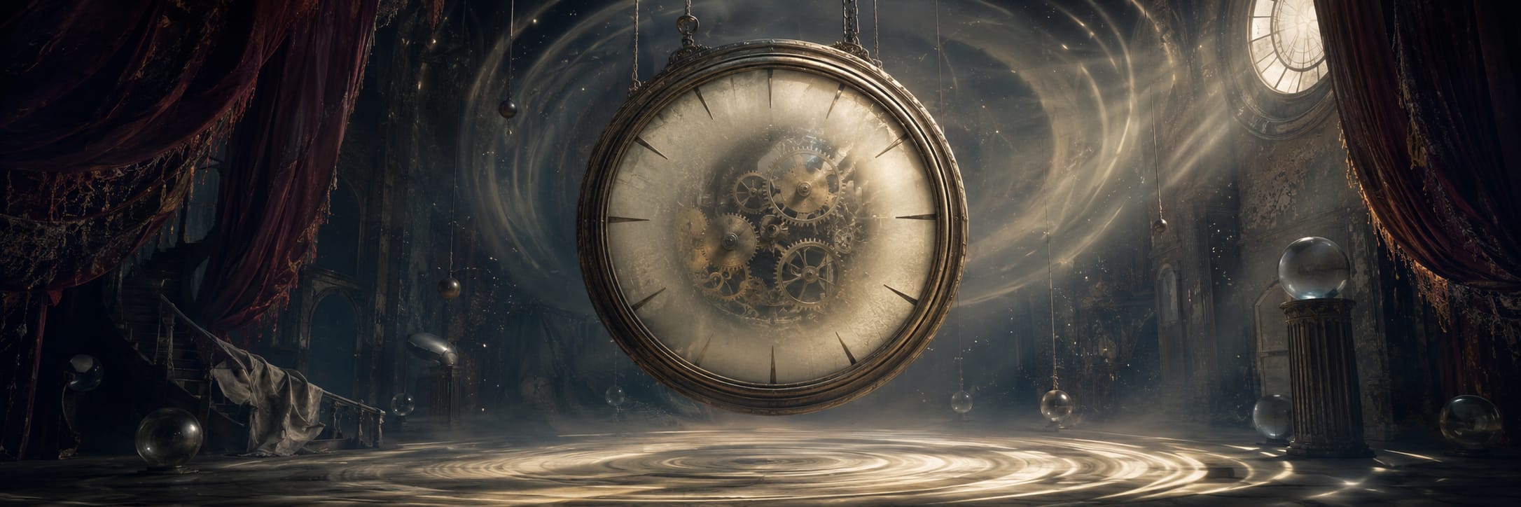 A large vintage clock with visible gears floats in a surreal room with swirling patterns and draped curtains.