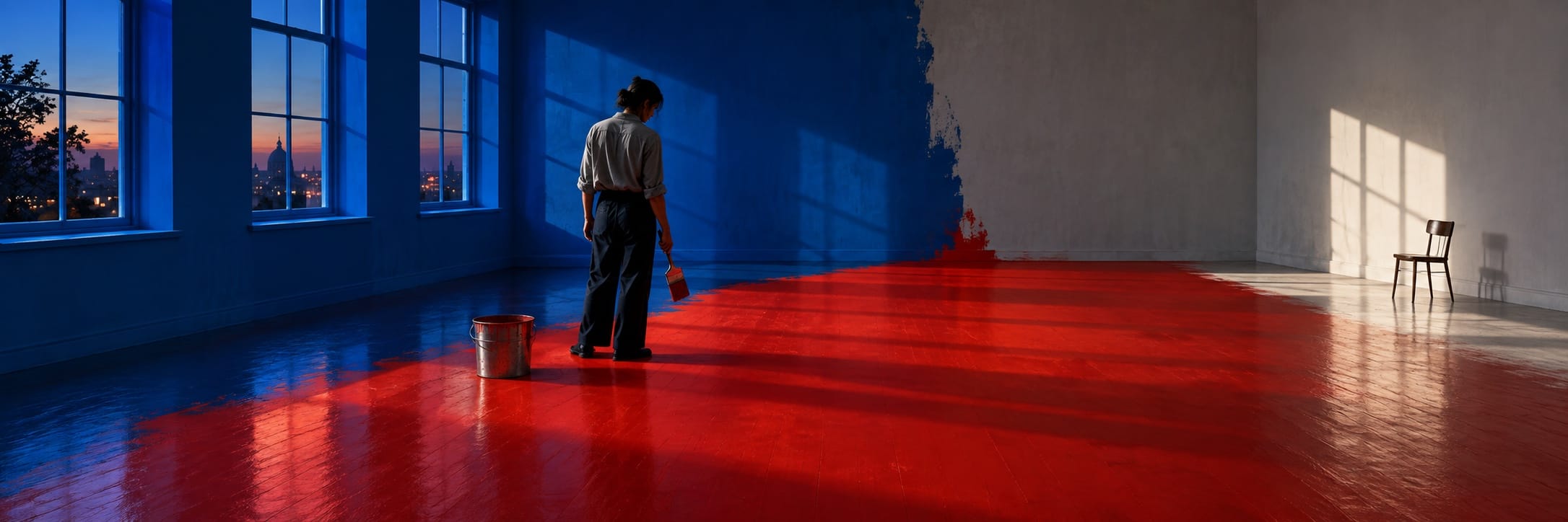 A person paints a large empty room blue and red with a bucket and roller as sunlight shines through tall windows.