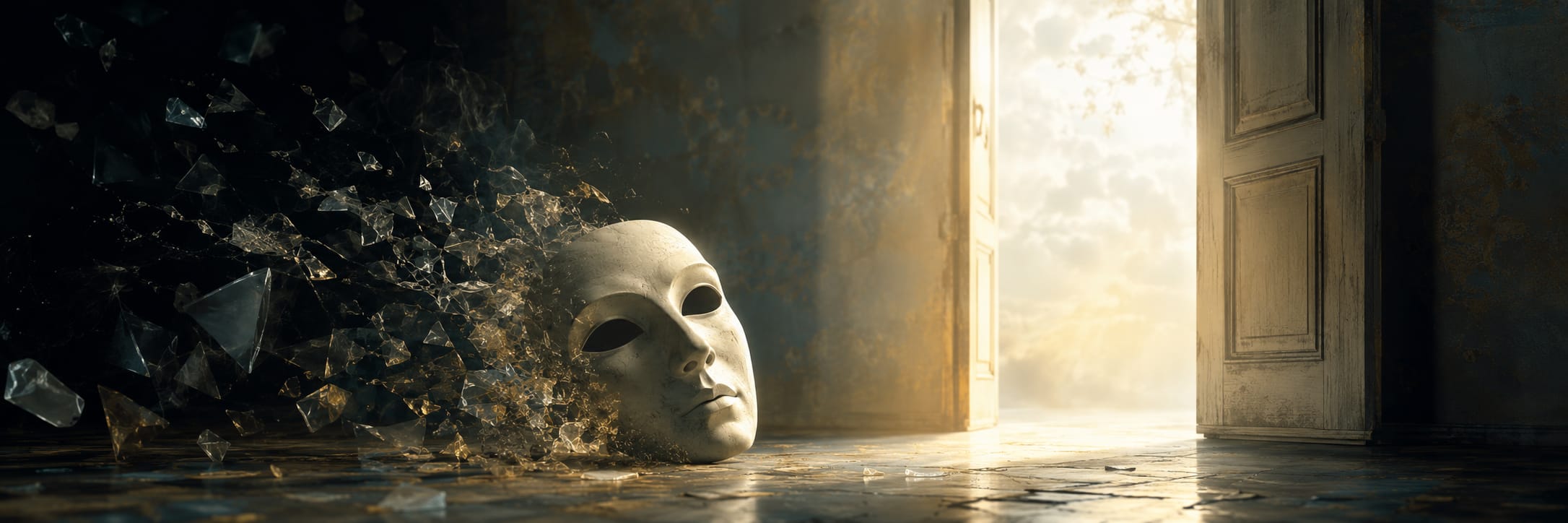 A white mask breaks into shards on the floor as sunlight pours in through an open door, dispelling darkness and chaos.