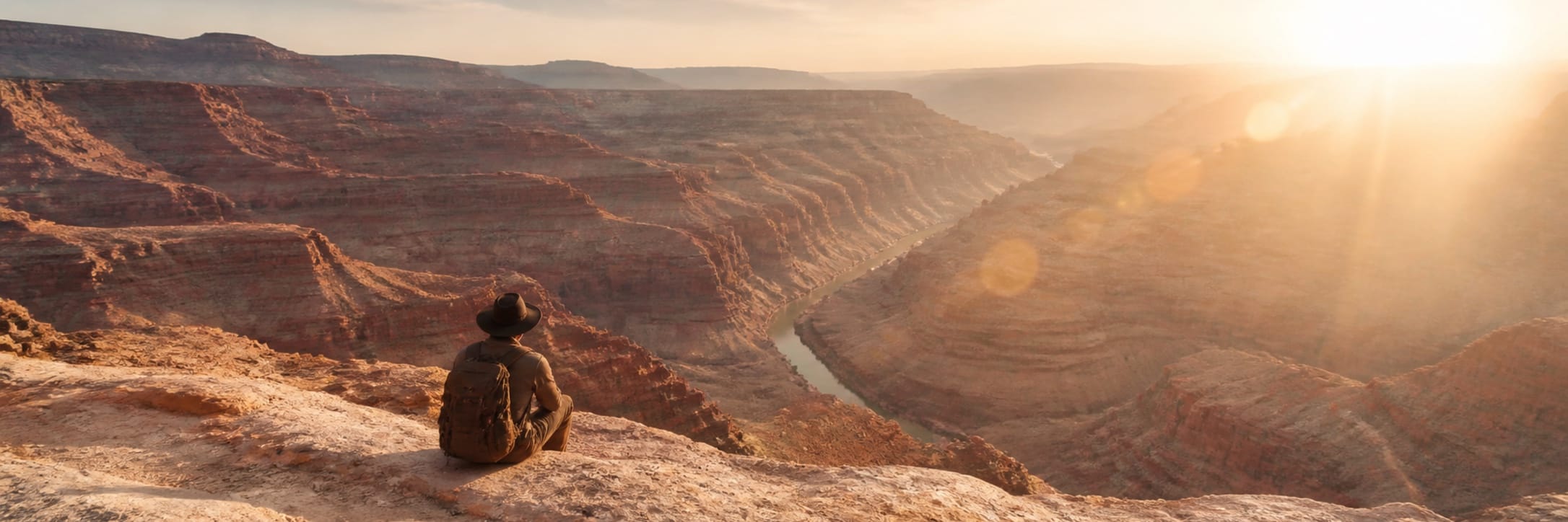 A person with a backpack sits on a rocky ledge, overlooking a canyon river in peaceful reflection.