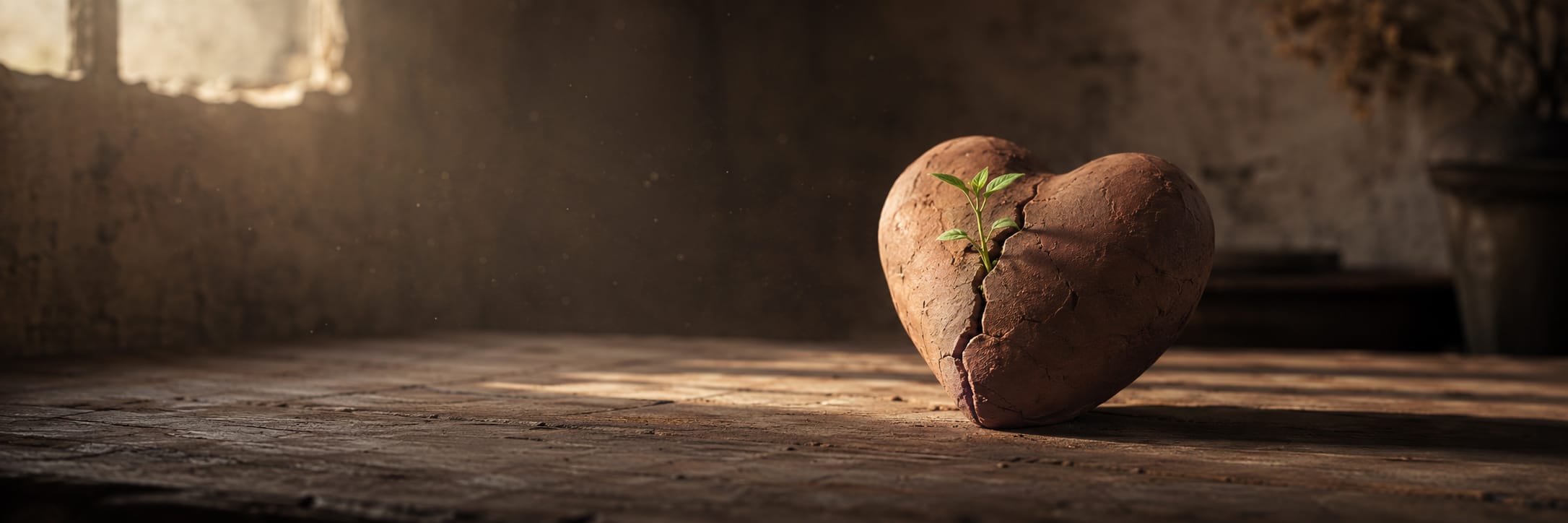 A cracked heart-shaped stone with a small green plant sprouting from it rests on a wooden table.