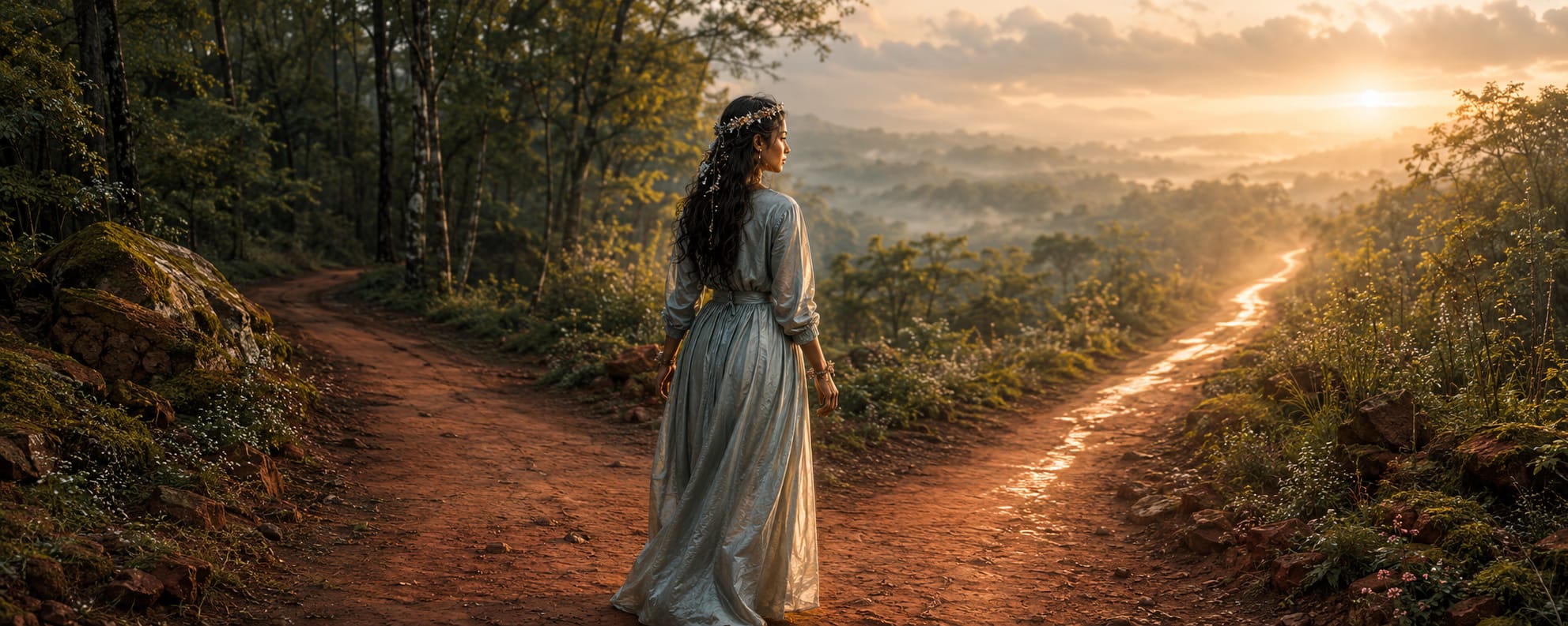 A woman stands at a forked dirt path in nature at sunrise, contemplating which trail to take.