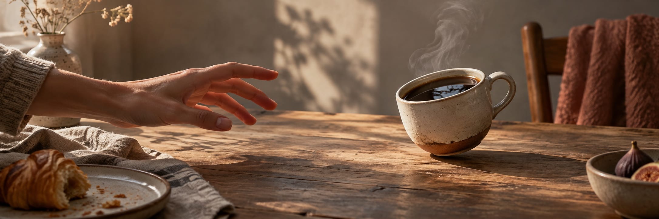 A hand reaches for a steaming cup of coffee on a wooden table beside a croissant and a whimsical fig on a plate.