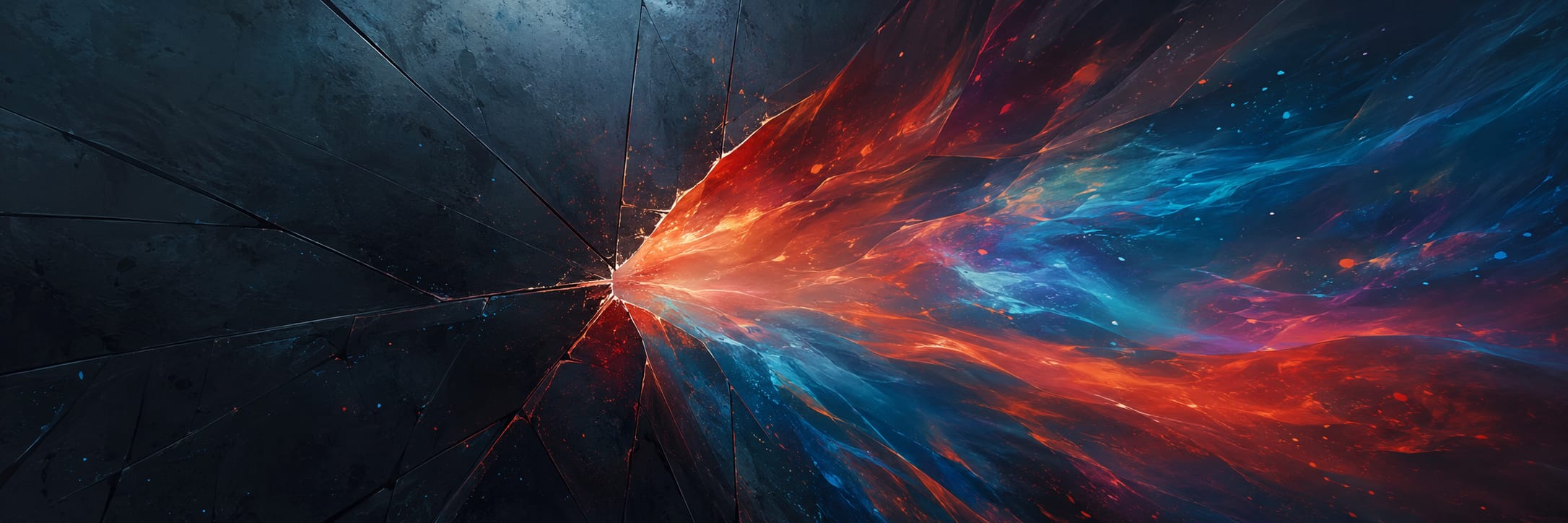 Abstract art showing orange and blue bursts emerging from a cracked surface, blending elements of nature and reflection.