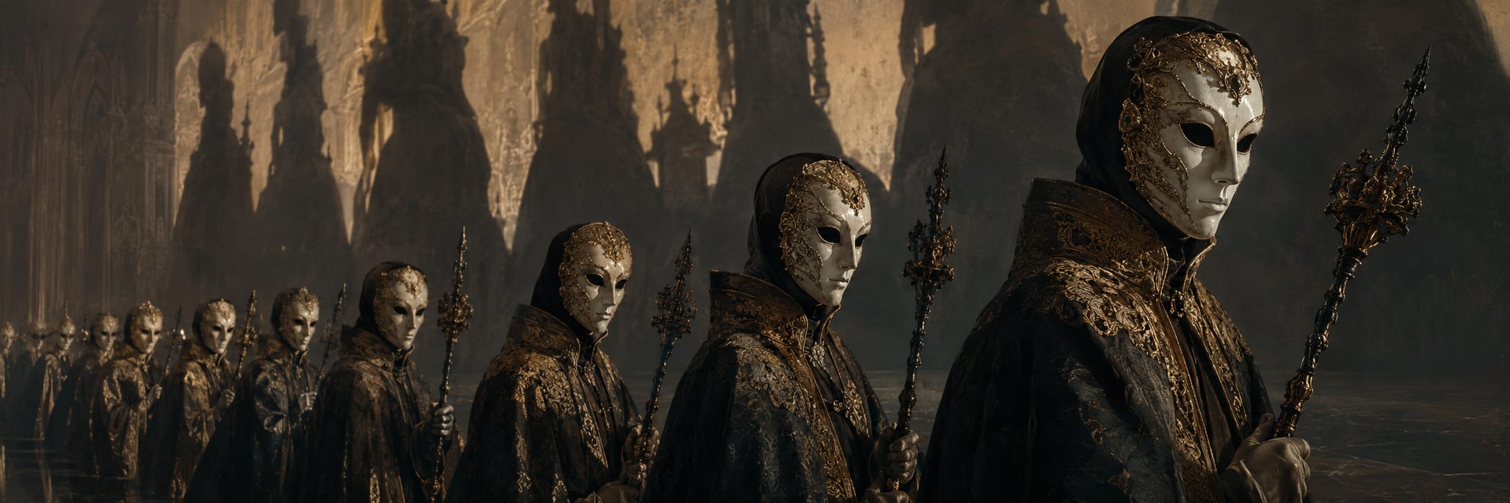 A line of robed figures in ornate white masks stands beneath shadowy arches, silently raising staffs.