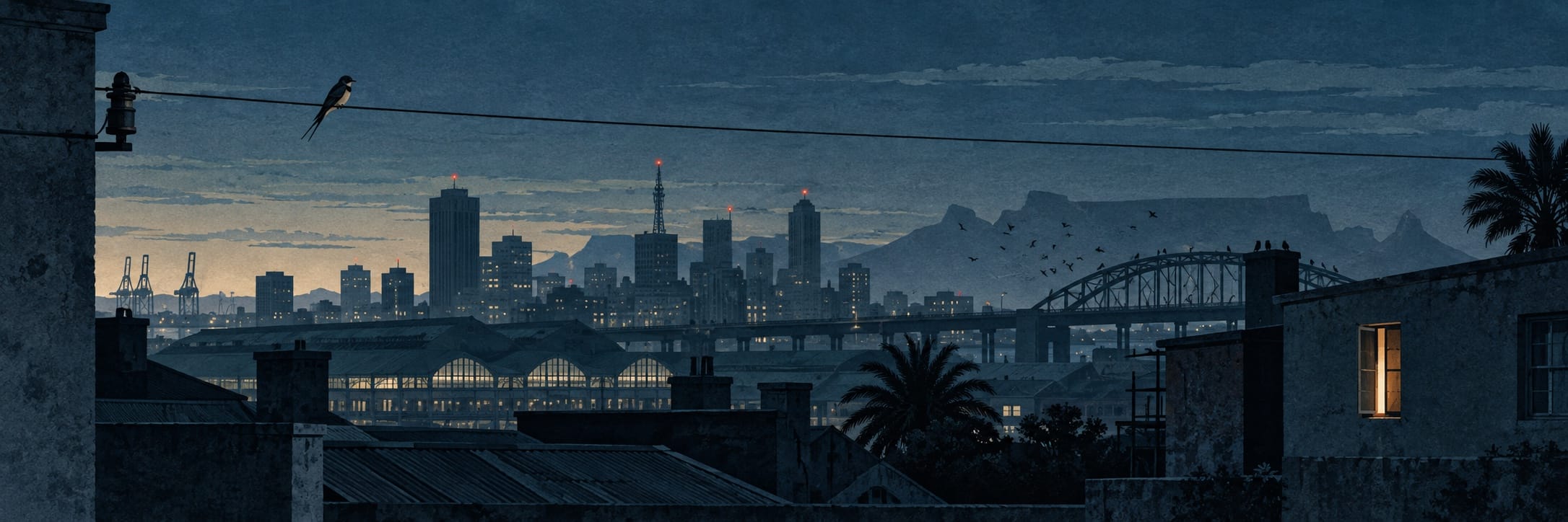 A small bird perches on a wire above a dark city skyline, with red signal lights before dawn.