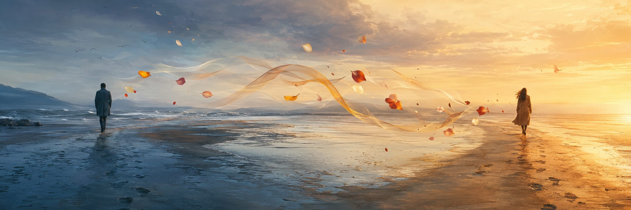 Two people walk apart on a beach at sunset, swirling ribbons and leaves between them under cloudy skies.