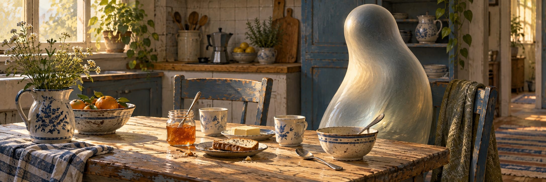 A rustic kitchen table is set beside a large pale upright form.