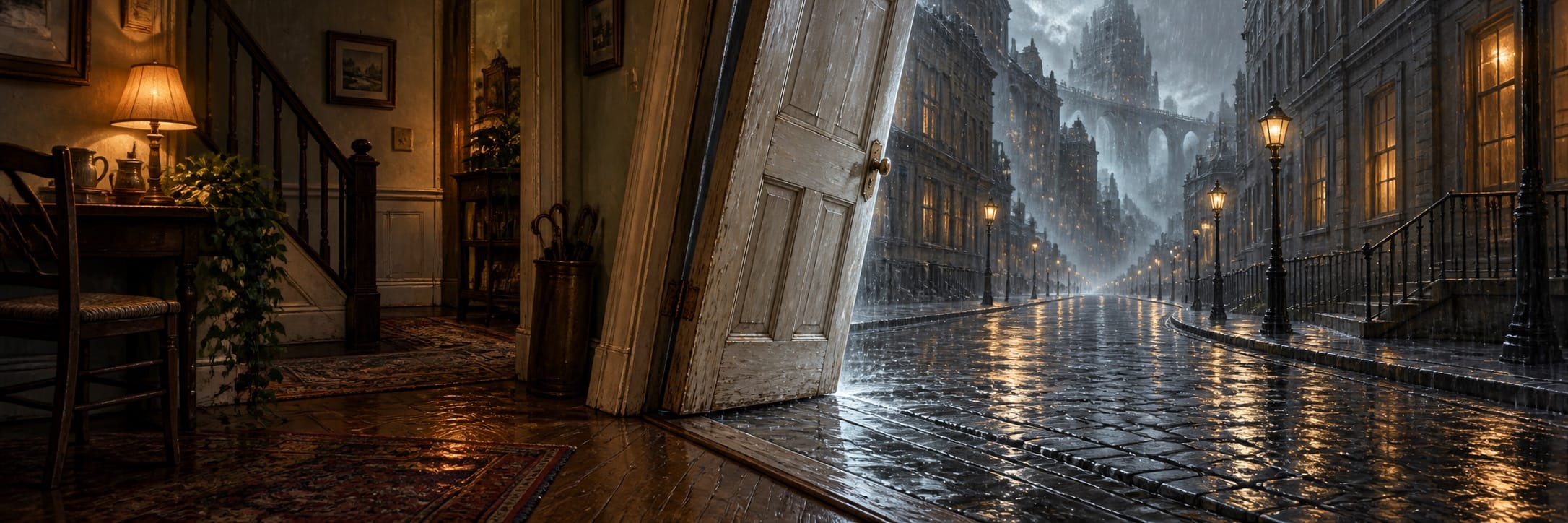 A leaning open door divides a warm interior from a rain-soaked, impossible city street.