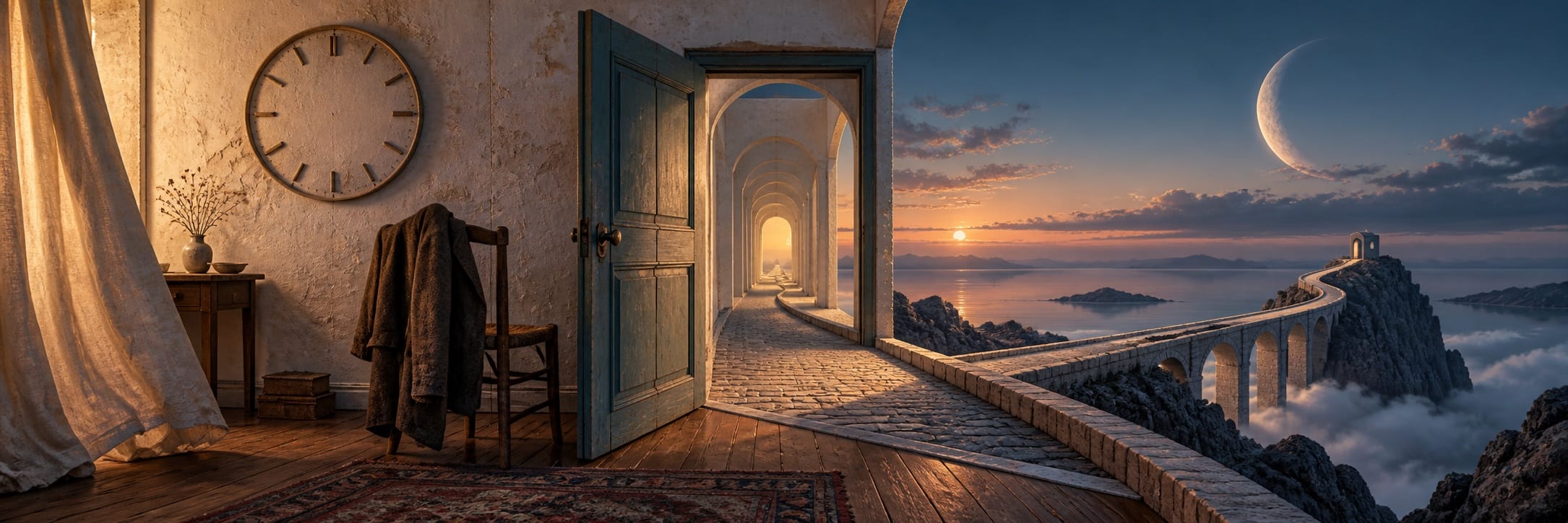 An open door in a room reveals a stone path over clouds, curving toward a crescent moon in a dreamy landscape.