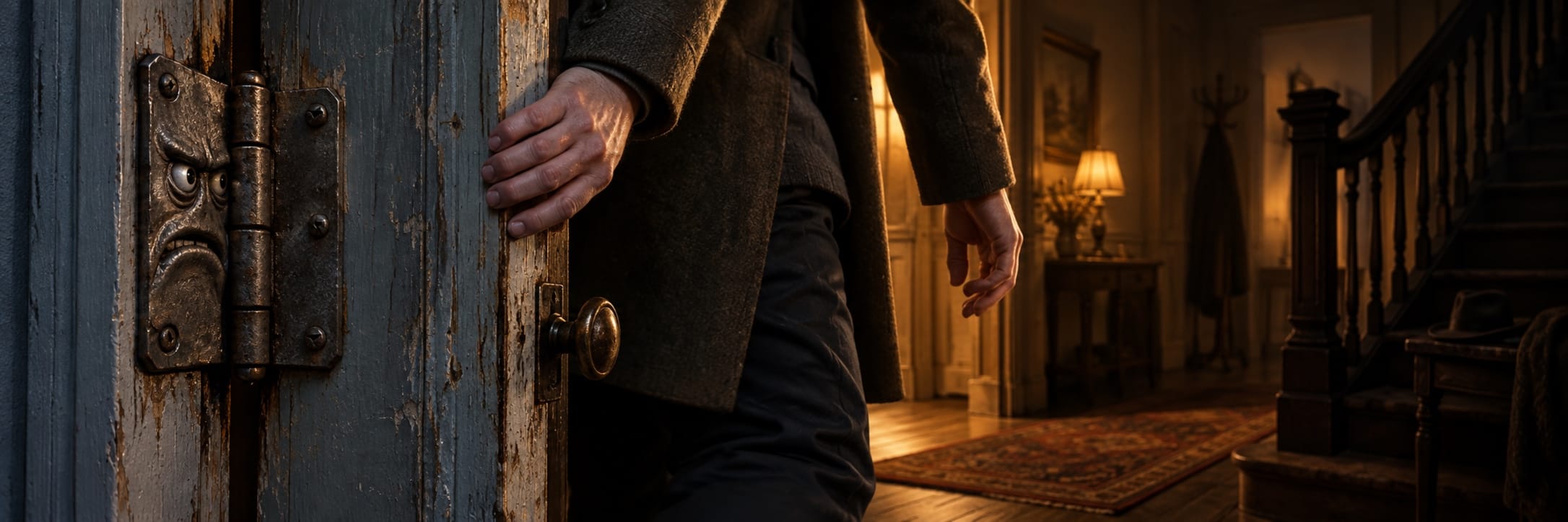 A person in a coat enters a surreal hallway with vintage accents, wooden floors, a lamp, and a looming staircase.