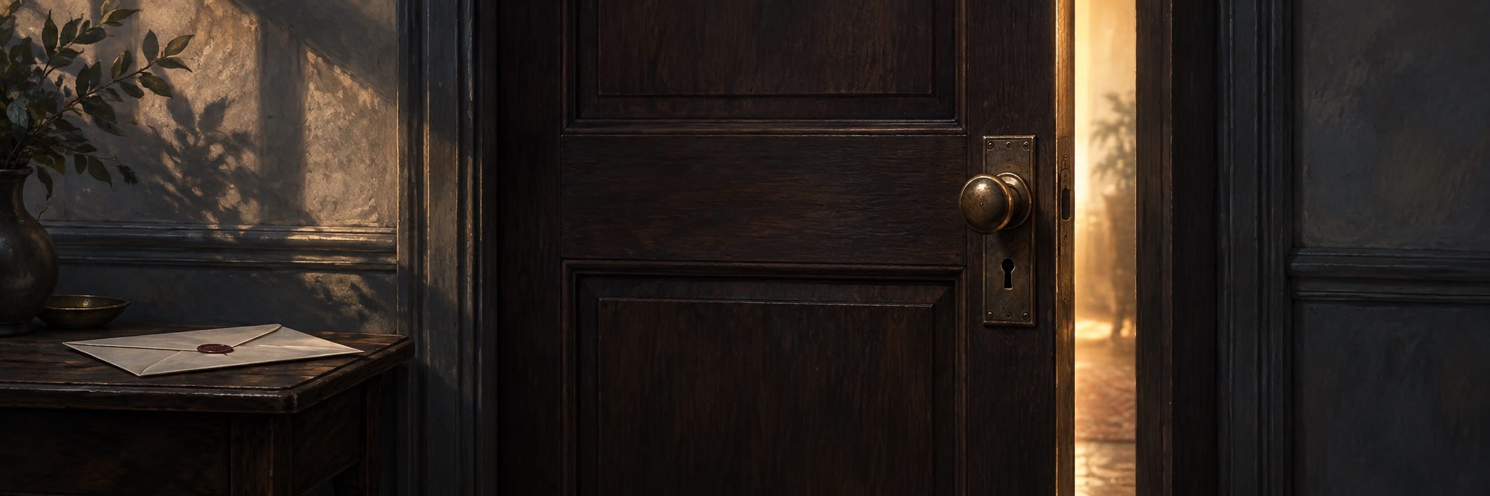 A dark wooden doorway remains almost closed while a narrow strip of warm light enters the quiet hall.