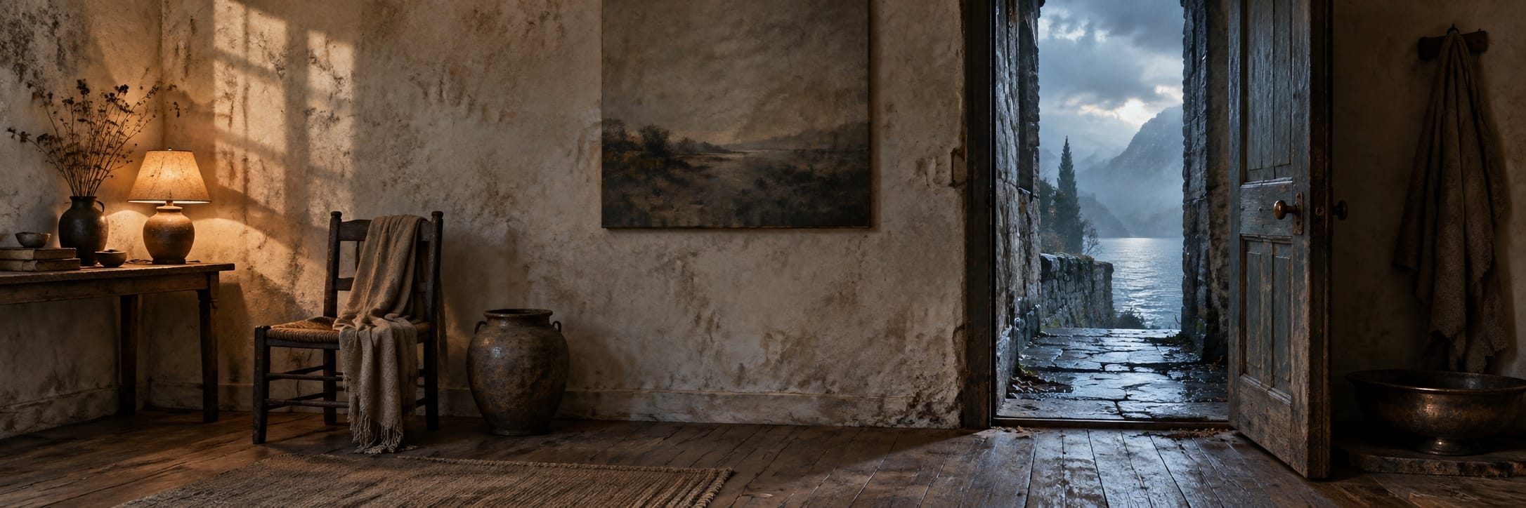 A rustic room with a lamp and vase; an open door shows fantastical mountains and a lake under a cloudy sky.