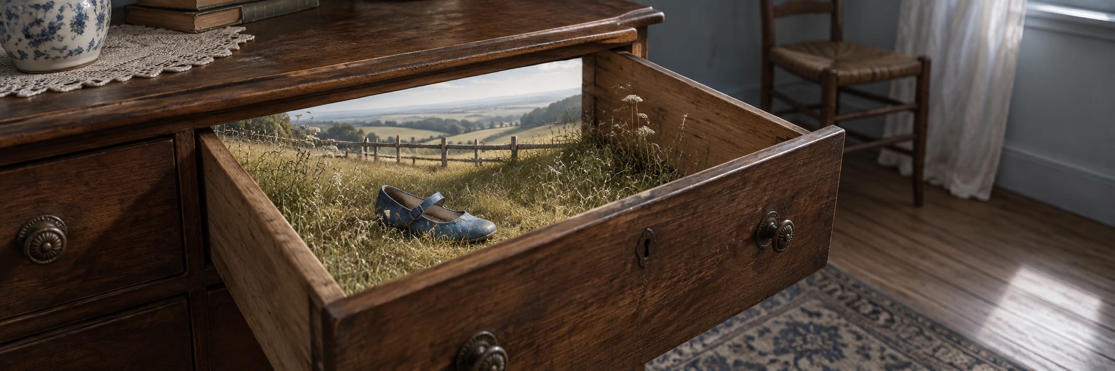 An open wooden drawer contains wildflowers, grass, a blue shoe, and a whimsical countryside scene inside.