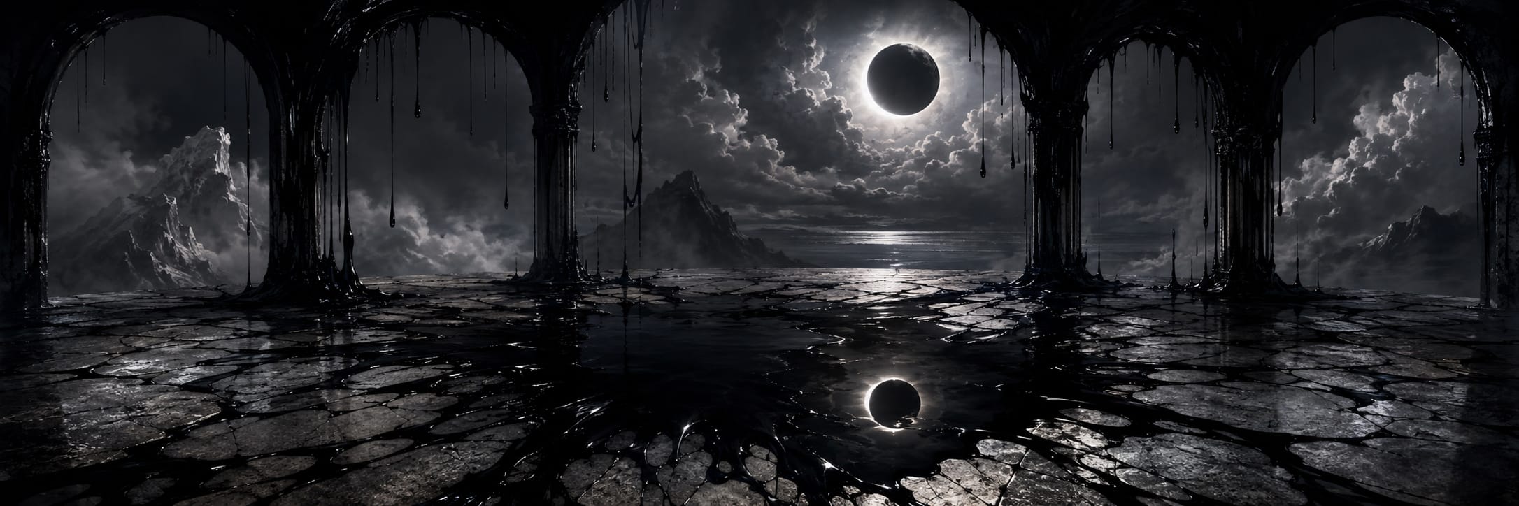 A ruined stone structure overlooks a chaotic landscape with mountains, water, and a solar eclipse mirrored in puddles.