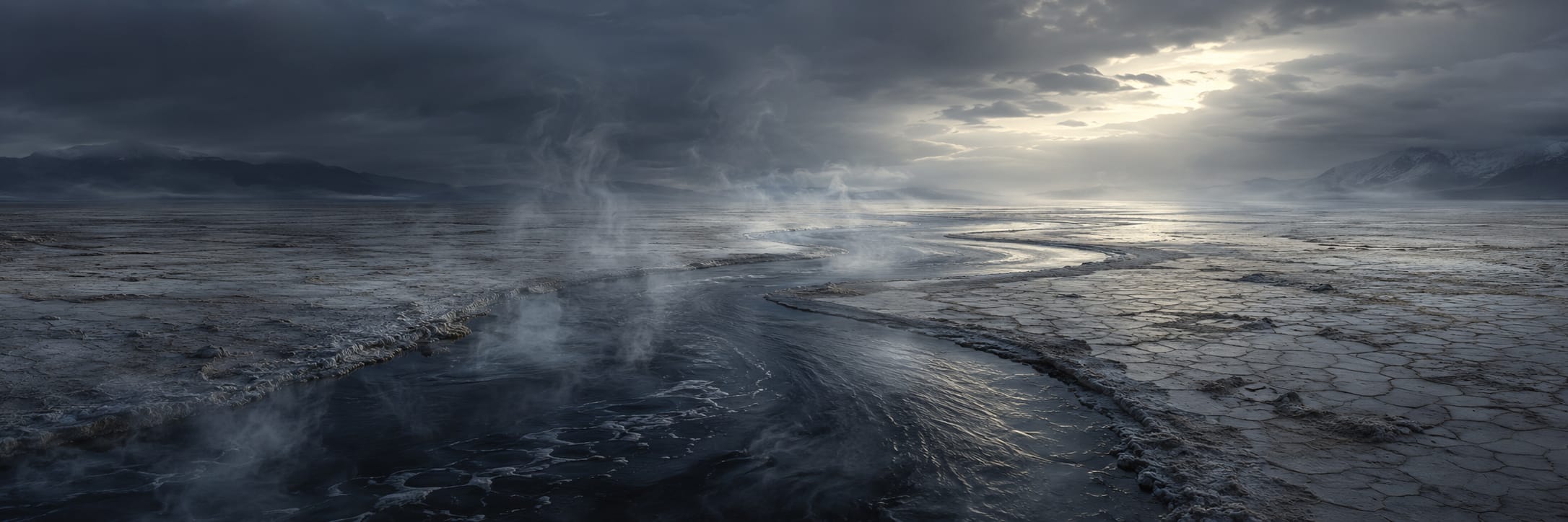 A winding river cuts through cracked earth beneath a cloudy sky with mist rising, evoking nature and reflection amid chaos.