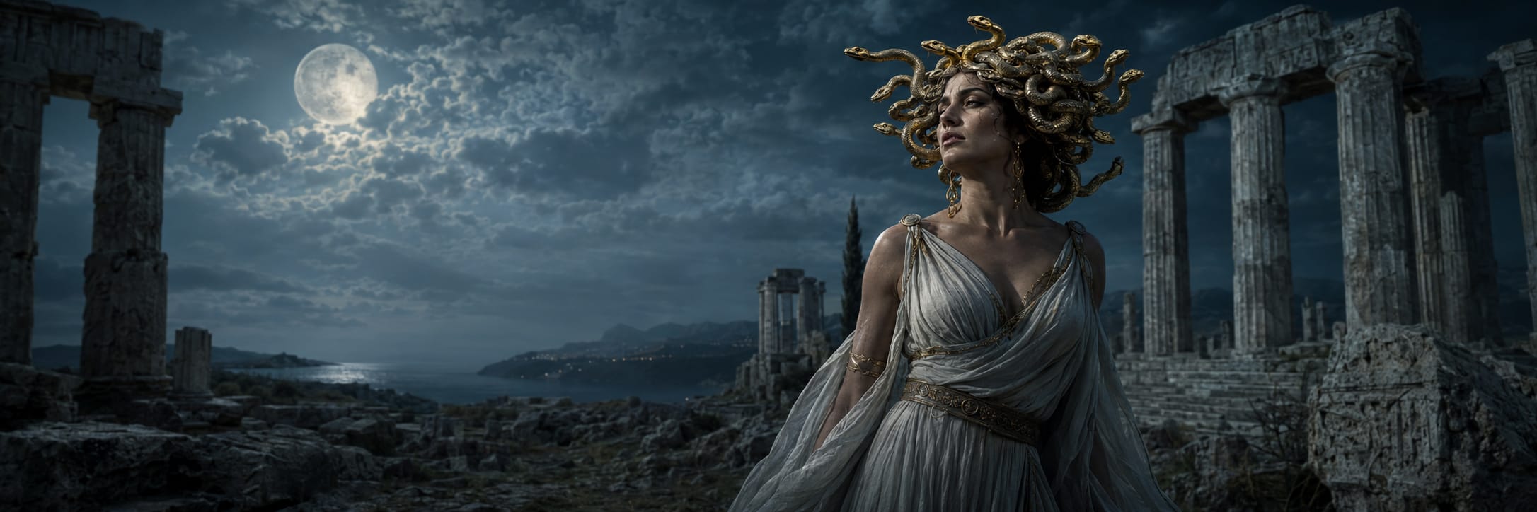 A woman with snake hair, resembling Medusa, stands among ancient ruins under a full moon.