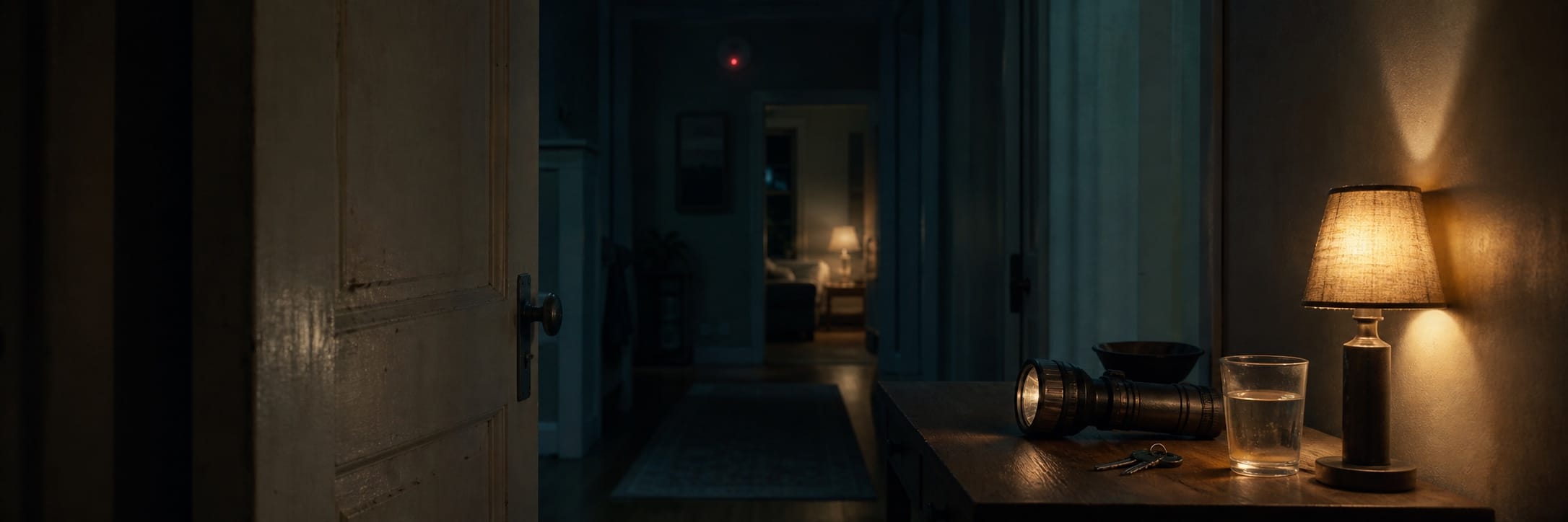 A hallway with a table holding a lamp, keys, water, and flashlight; several rooms are visible in the background.