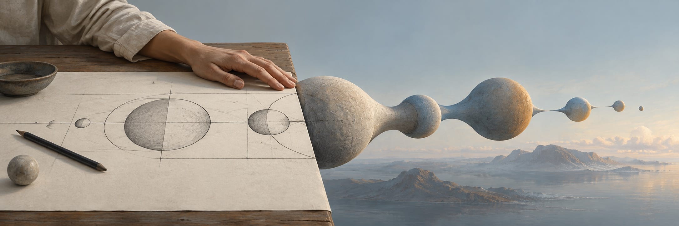A hand sketches geometric shapes on paper, forming a surreal landscape with floating forms above distant mountains.