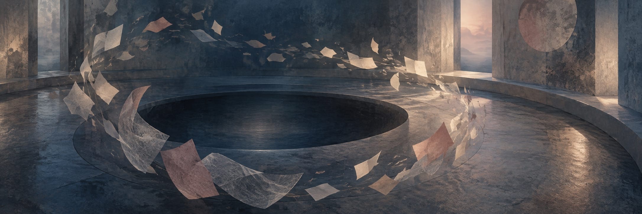 An open wooden drawer holds a glowing blue irregular form in an old archive room.