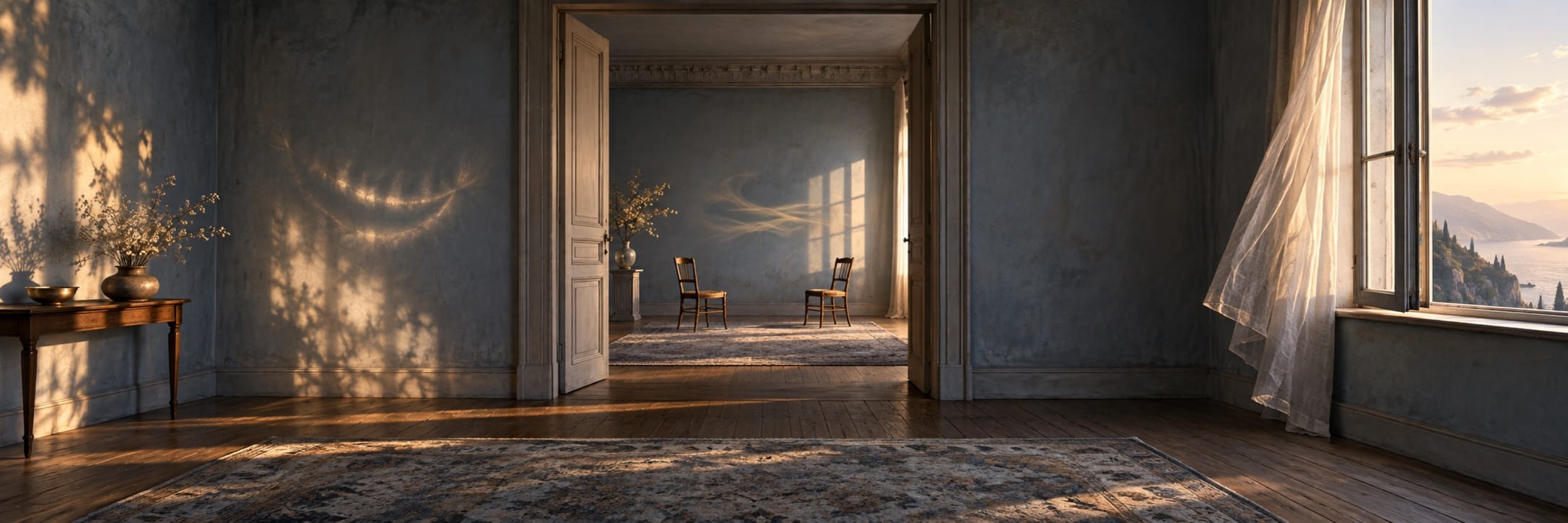 Empty rooms with wooden floors, sheer curtains, and a fantastical view through open windows.