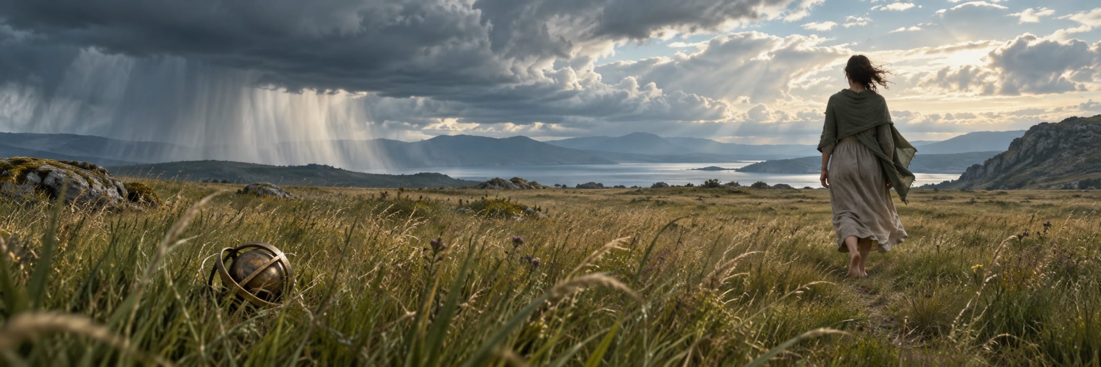 A person in a dress walks through a grassy field toward a lake as storm clouds, sunlight, and a surreal sphere create a fantasy scene.