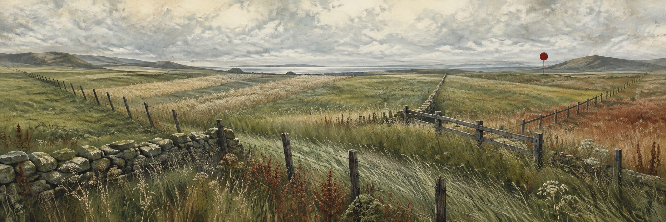 Fenced fields and a stone wall divide tall grasses beneath a cloudy sky.