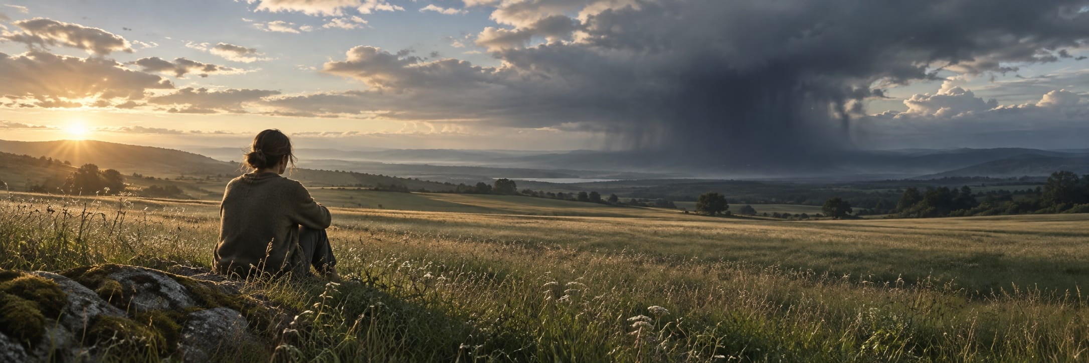 A person sits on a grassy hill at sunset, watching rain clouds move over a peaceful valley.