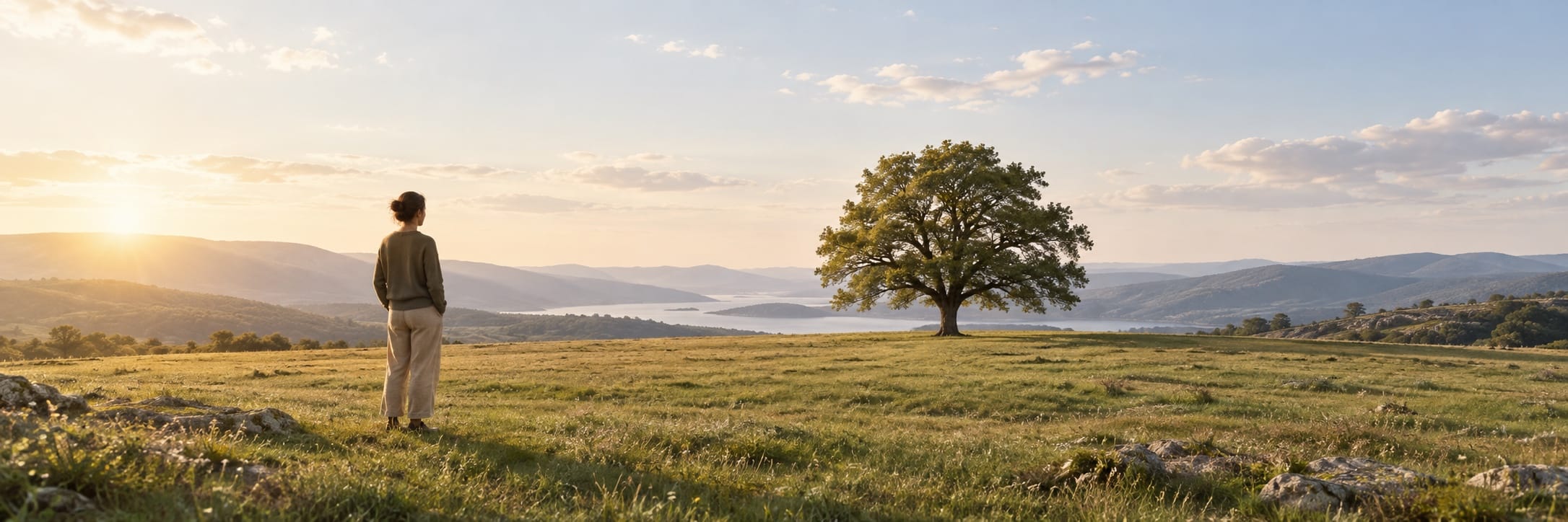 A person stands beside a large tree in a grassy field at sunset, with hills and water visible in the background.