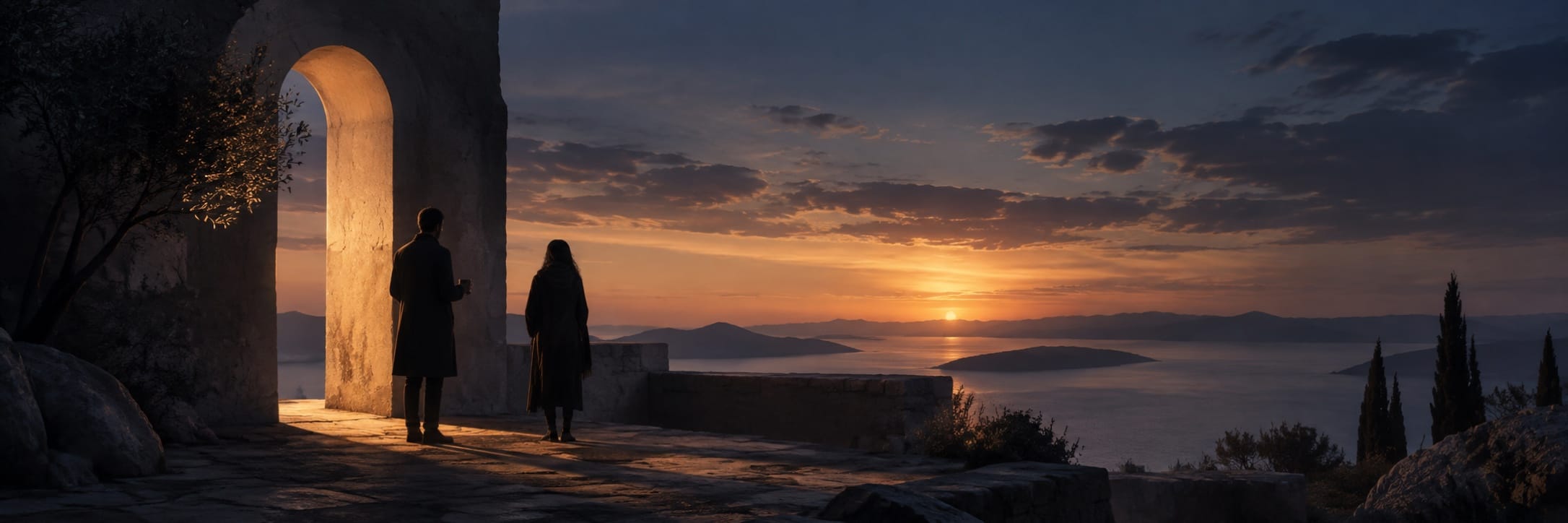 Two people stand by a stone archway, gazing at the sea and distant islands under a dramatic sunset sky.