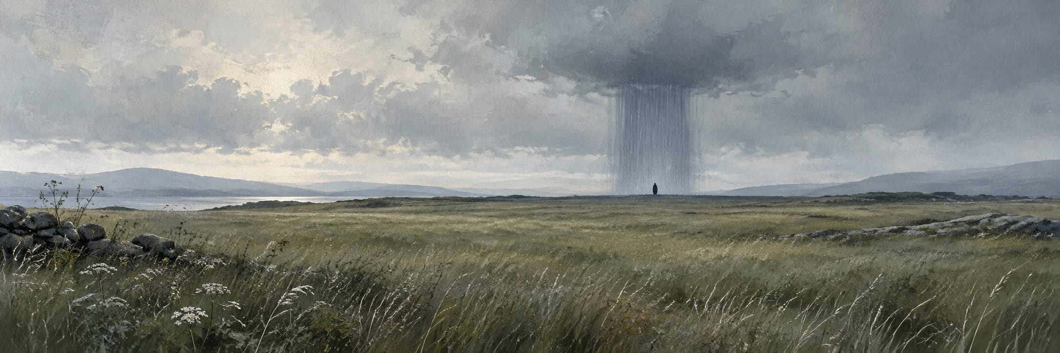 A misty field contains a dark vertical column beneath a cloudy sky.