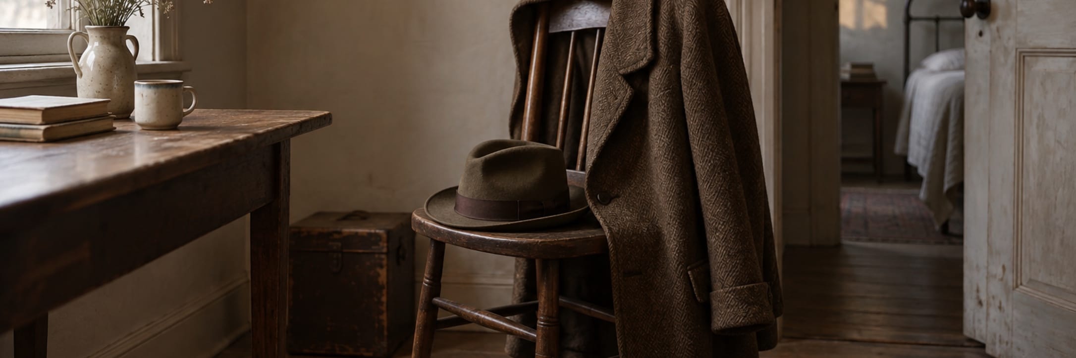 A coat and hat are arranged on a chair in a quiet room.