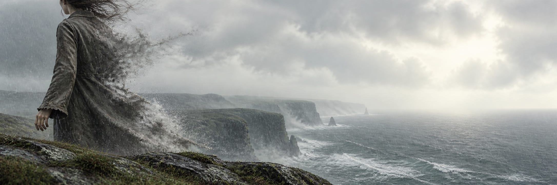 A surreal figure in a long coat stands on a seaside cliff, with part of their body dissolving into the wind.