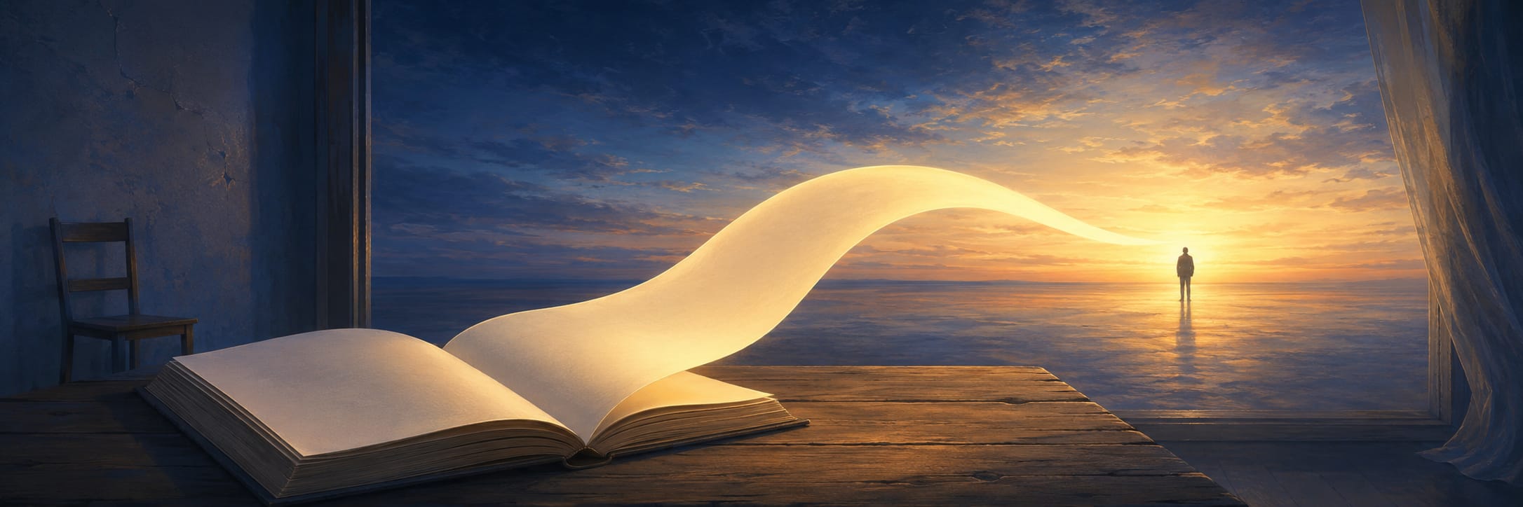 An open book glows on a table, its swirling page stretching toward a person reflected in the sunset among tranquil nature.
