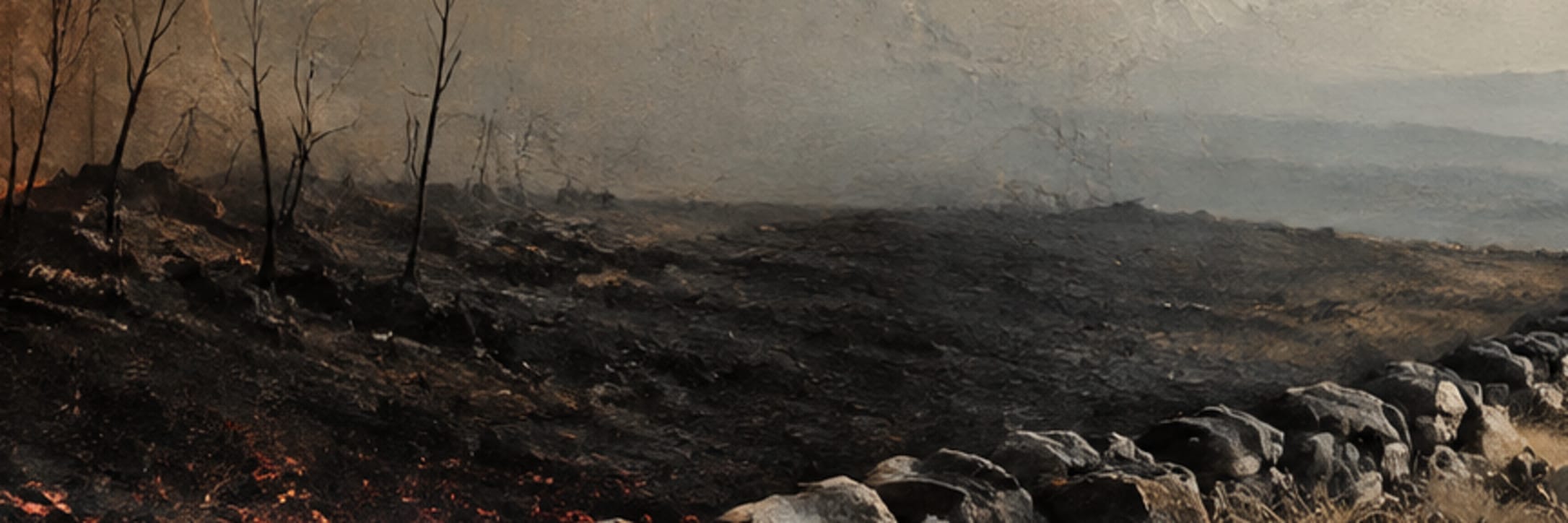A restrained abstract landscape holds a dark boundary of ash and ember beneath a pale open sky.