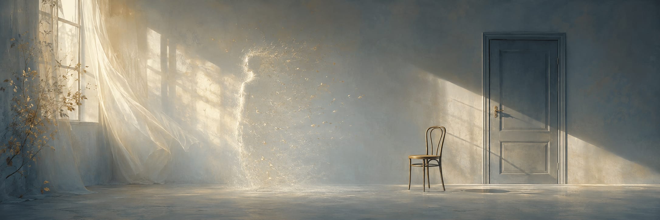 A human figure by a window in a bare room dissolves into particles, blending with natural elements and reflections.
