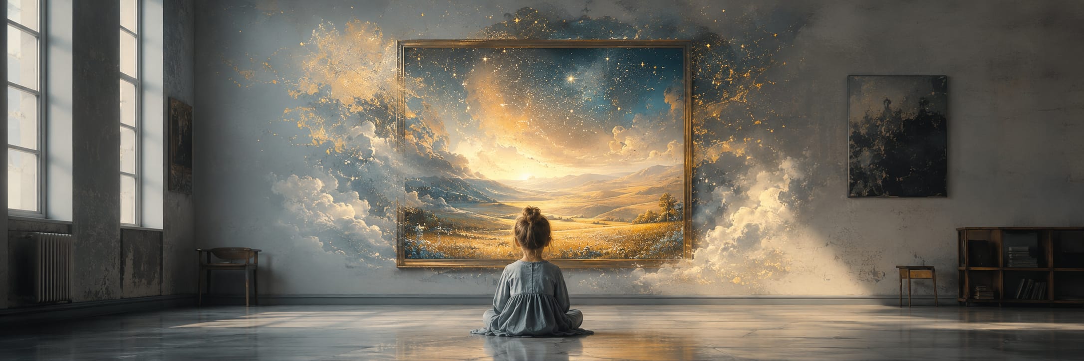 A girl sits on a polished floor, gazing at a large, glowing surreal landscape in a spacious room.