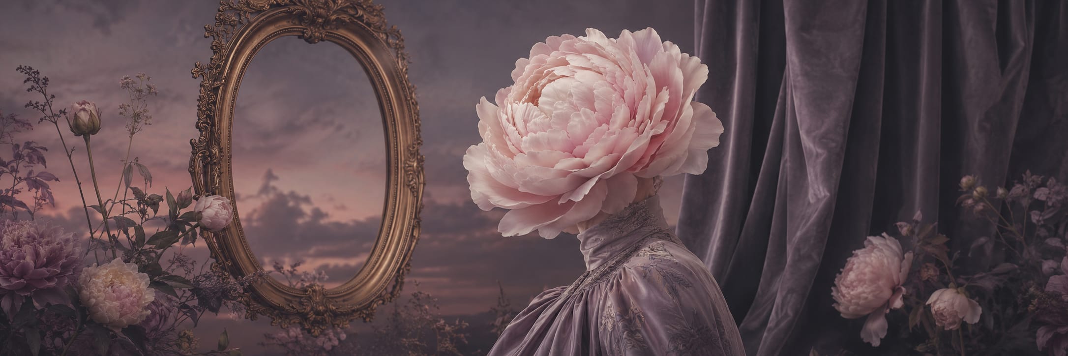 A peony-headed figure in purple sits by an ornate mirror, surrounded by reflections of nature in a surreal scene.