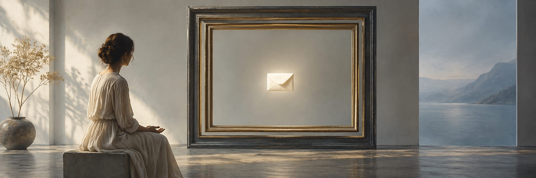 A woman in a white dress sits on a bench, looking at a framed envelope on the wall in a room by the water and nature.