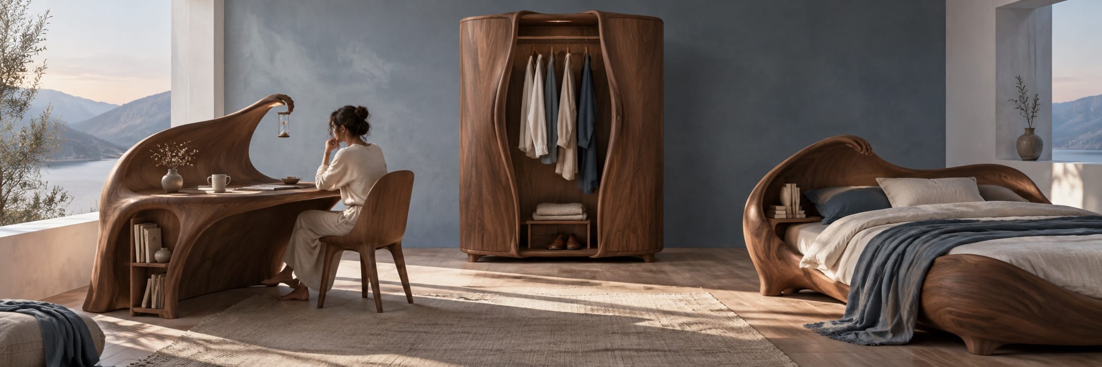 A woman sits at a sculpted wooden desk in a modern bedroom with unique furniture and mountain views.
