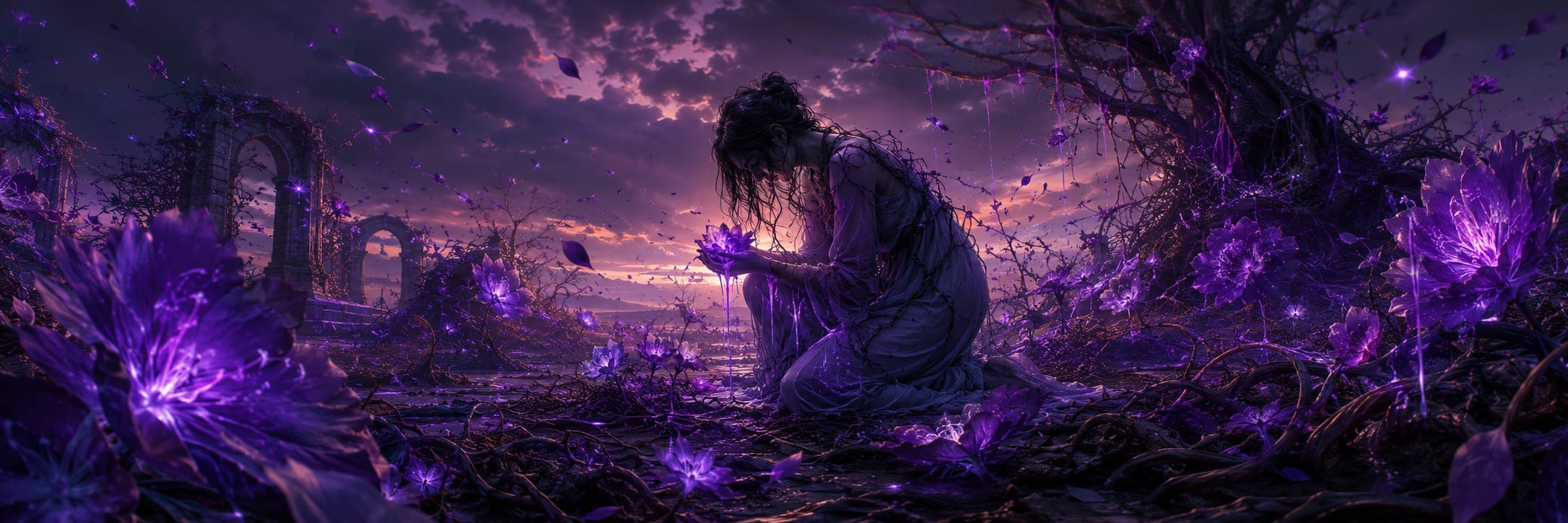 A person kneels at sunset among glowing purple flowers and twisted vines beneath a dramatic sky.