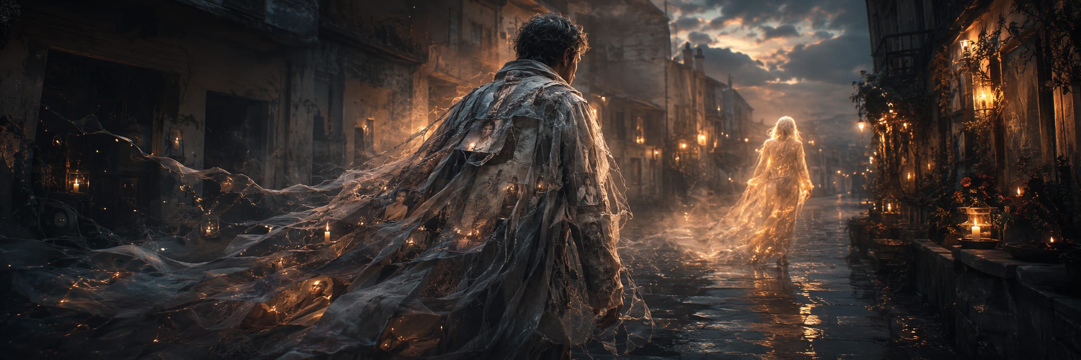 A person in tattered robes confronts a glowing figure on a misty, lantern-lit street at dusk.