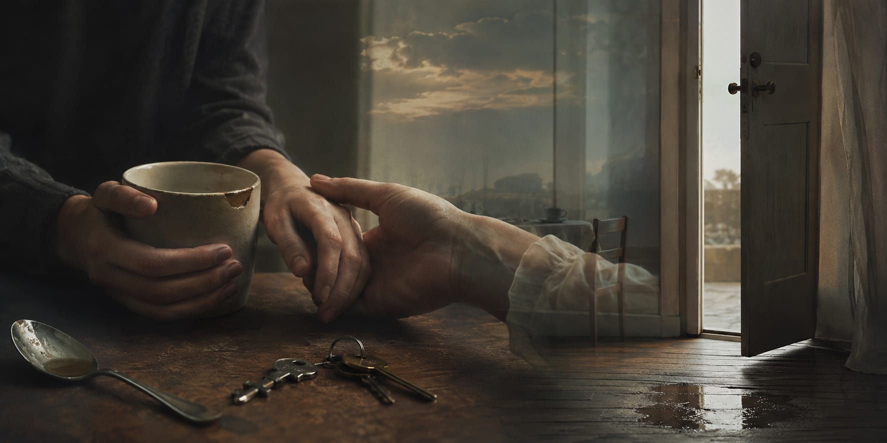 Hands holding a cup, with keys and spoon on table; ghostly hand touches as rainwater reflects nature by an open door.