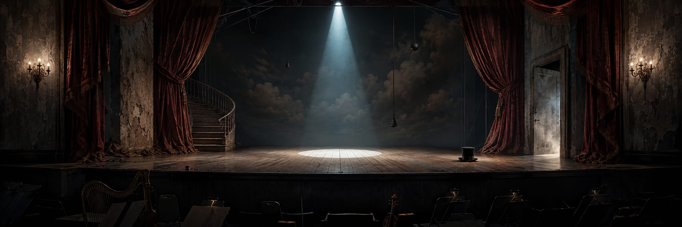 Empty theater stage with red curtains and a spiral staircase, spotlights highlighting a lone top hat.
