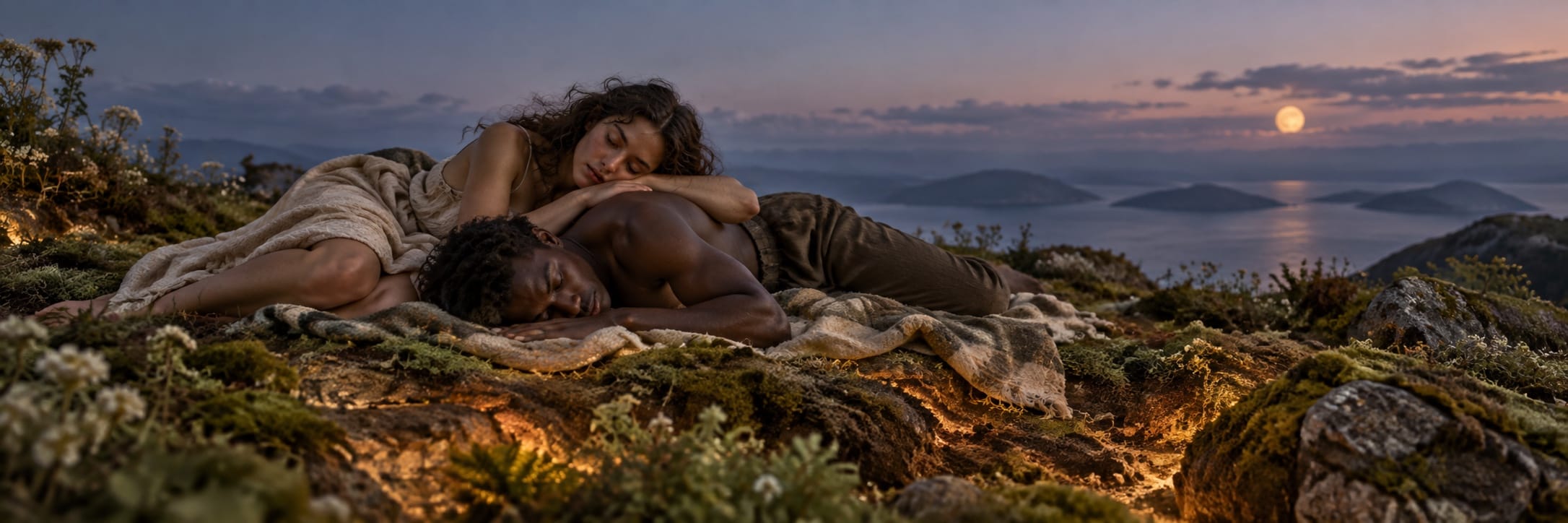 Two people lie together on a mossy hill at sunset under blankets, with the moon and water nearby.