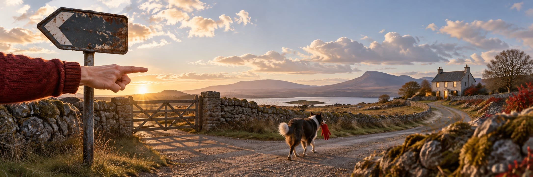 A person points to a surreal house by a dirt road as a dog walks ahead, with fantastical mountains and a lake in the background.