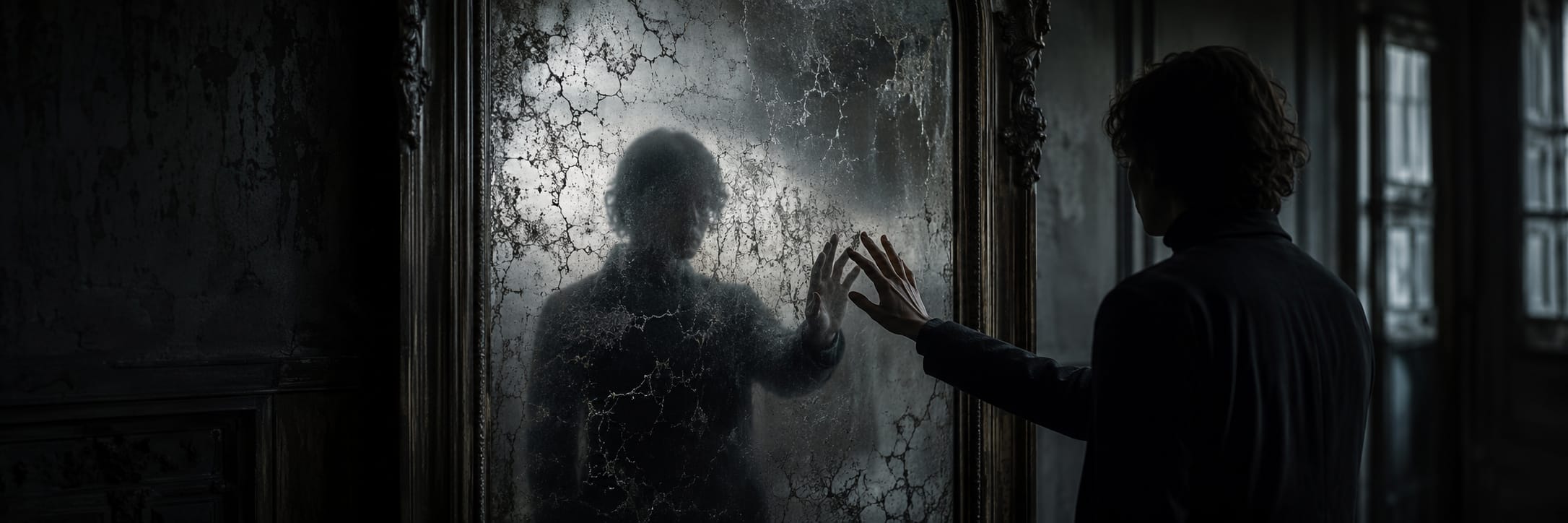 A person touches a cracked mirror as swirling darkness causes their reflection to flicker amid surrounding chaos.