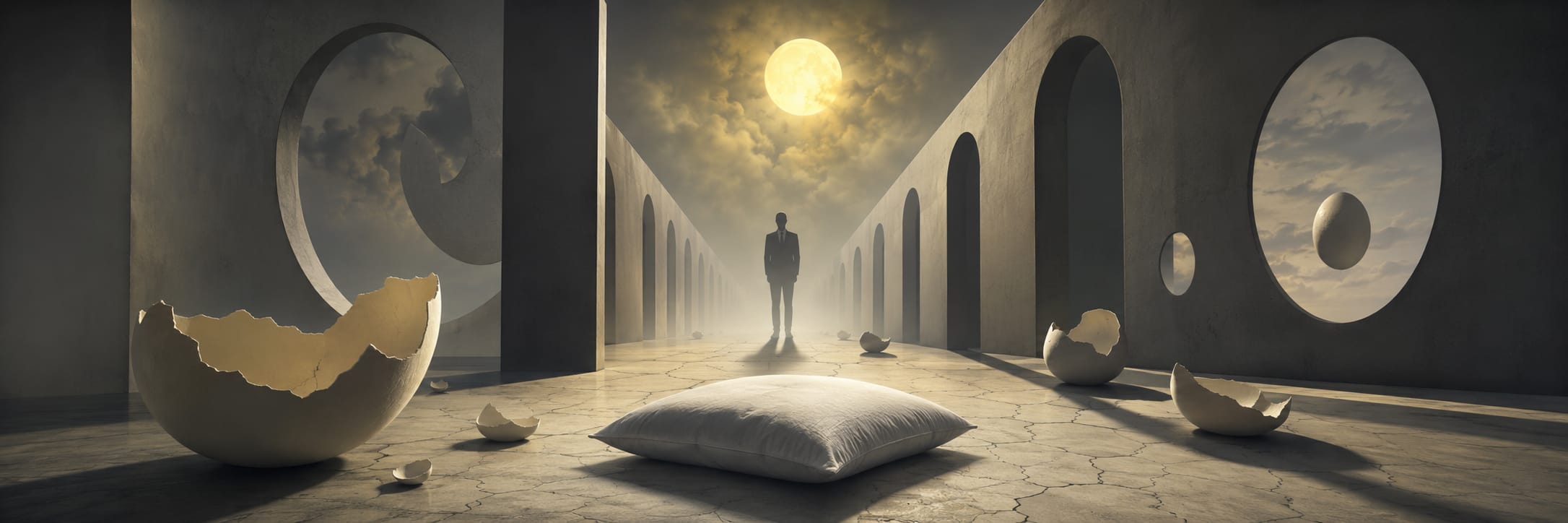 Person in surreal arched hallway with scattered eggshells, holding a pillow, moon visible through circular windows.