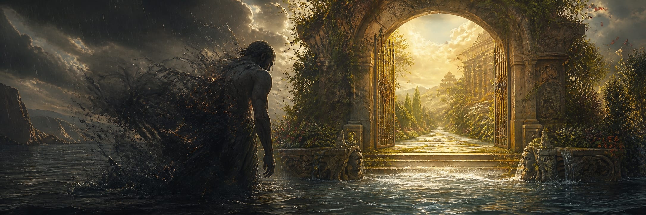 A shadowed figure dissolves into dark water before an open, sunlit garden gate under storm clouds.