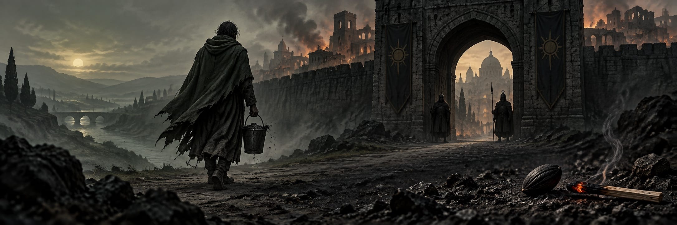 A cloaked figure with a bucket approaches a burning, ruined city as guards watch by a fantastical stone gate.